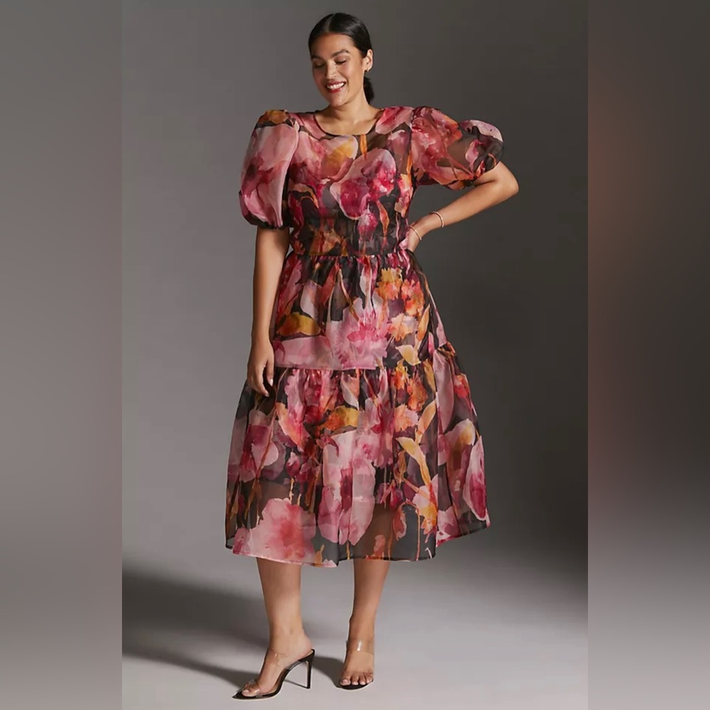 Anthropologie Floral Puff Sleeve Organza Midi Dress